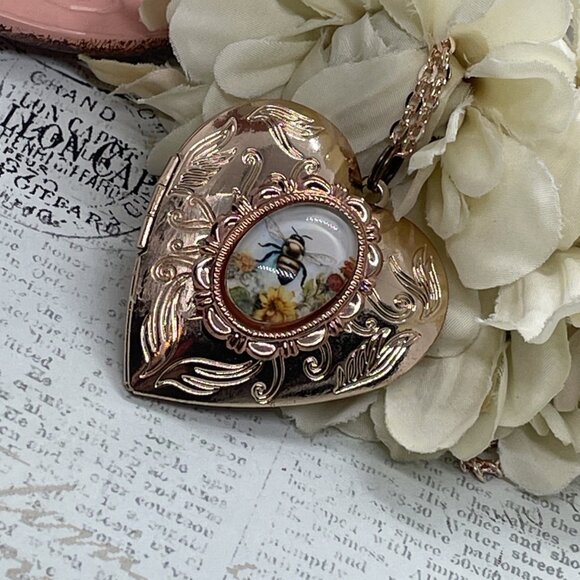 Bee Bumble Gardener Keeper Mom Wife Christmas Rose Gold Heart Locket Anniversary - Picture 5 of 12